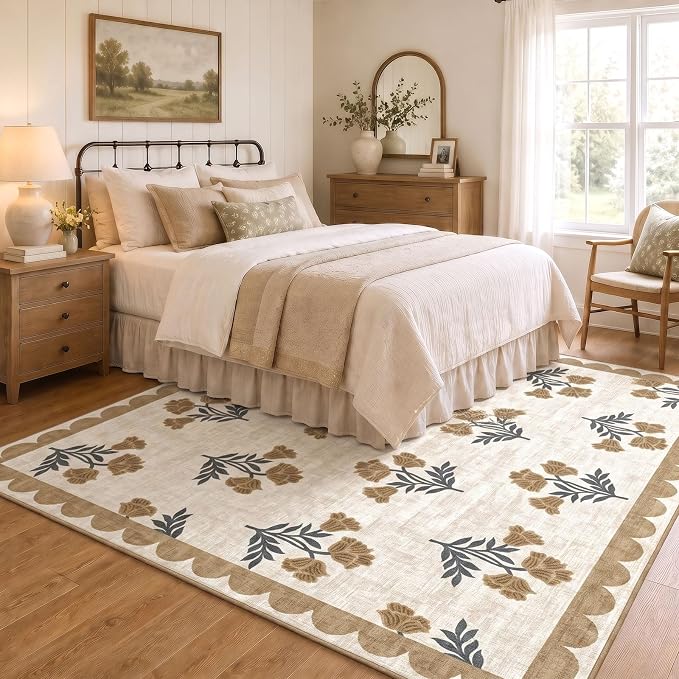 Beige Square Rugs 6ft - Soft Washable Boho Farmhouse Living Room Rug 6x6 Stain Resistant Dining Room Rugs for Under Table Cottage Floral Scalloped Area Rug for Bedroom Nursery Twin Beds Room