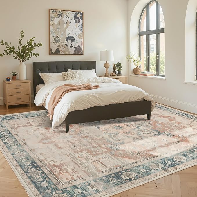 Rugxara 8X10 Orange Boho Rug,Large Washable Area Rugs for Living Room, Neutral Vintage for Office, Dining Room, Kids Room, Farmhouse, Low Pile Non Slip Carpet for High Traffic Areas, Coral