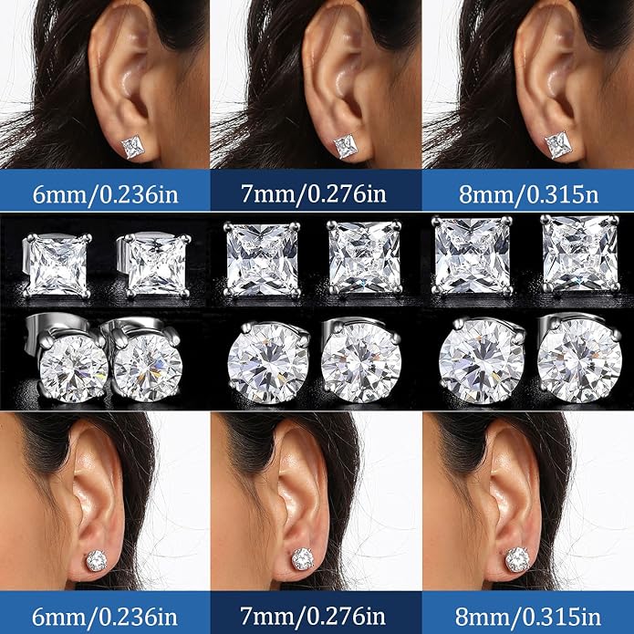 MDFUN 6 Pairs Stud Earrings Set 3mm/5mm/7mm Princess & Round Cubic Zirconia Earrings Hypoallergenic 316L Surgical Stainless Steel CZ Earrings for Women Men