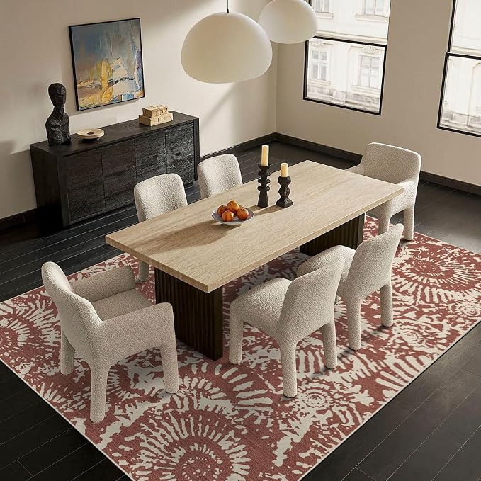BLISSA Terracotta Modern 5x7 Area Rug - Ultra-Thin Washable Living Room Rug, Soft Non-Slip Geometric Neutral Abstract Rugs for Bedroom Kid Room Nursery Playroom Foyer Dining Room Rugs for Under Table