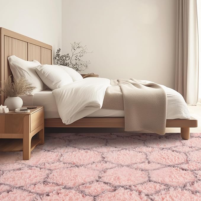 Fluffy Rug for Living Room, Soft Modern 8x10 Pink and Grey Shag Area Rugs | Non Slip Pink Carpet for Bedroom, Home Decor Aesthetic, Washable Large Fuzzy Plush Floor Mat for Nursery Teen Dorm