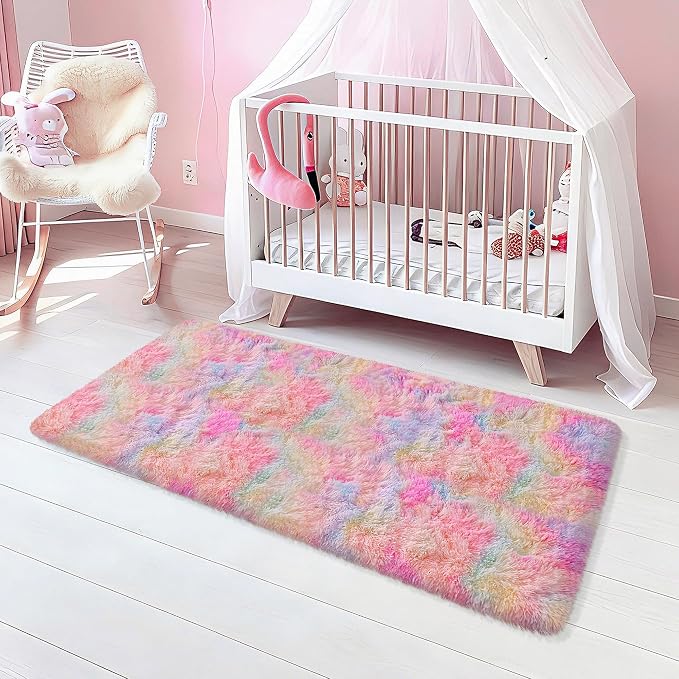 2x5 Feet Tie-Dye Rainbow Unicorn Rug for Girls Bedroom, Ultra Soft Shag Fluffy Runner for Bedroom, Colorful Area Carpet for Kids Room, Living Room, Kawaii Nursery Decor