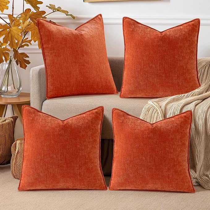 decorUhome Set of 4 Chenille Rust Throw Pillow Covers 18x18 | Couch Decorative Soft Neutral Pillow Covers with Elegant Design for Living Room Bed Sofa