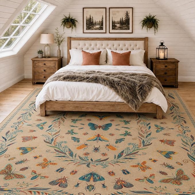 Washable Living Room Rug 8x10, Brown Blue Area Rugs for Bedroom Under Bed, Dining Room Under Kitchen Table, Kids Room, Playroom, Large Modern Boho Carpet, Ultra Soft Stain Resistant Colorful Decor