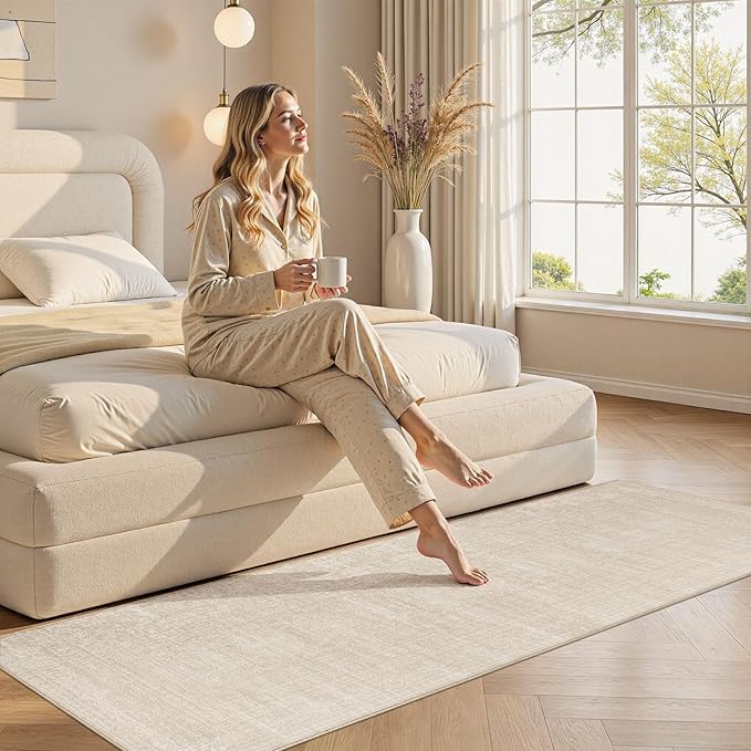Nakagishi Washable Runner Rug 2x8: Vintage Neutral Non-Slip Entryway Rug for Hallway & Kitchen, Soft Low Pile Floor Carpet for Bedroom - Beige