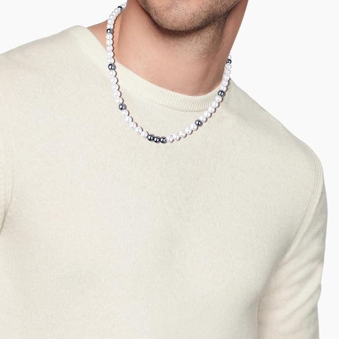 GAVU Men's Pearl Necklace, Pearl Jewelry Crystal Beaded Necklace for Men 20"/22"/24"/26"