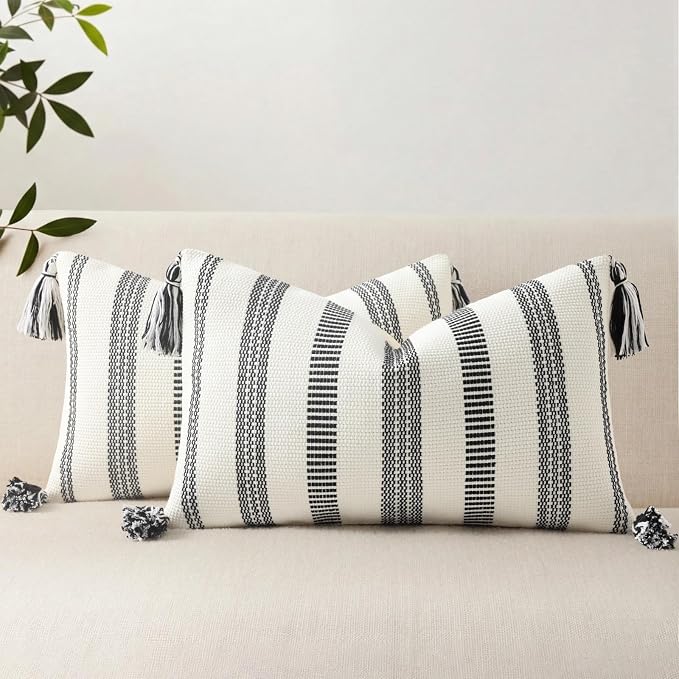 Smile Bee Boho Outdoor Couch Throw Pillow Covers Set of 2, Decorative Lumbar Thick Woven Striped Accent Neutral Pillow Covers with Tassels for Bed Sofa Home Decor, 12x20 Inch, Black and Cream White | Woven Cozy Boho Decorative Modern Farmhouse Accent P...