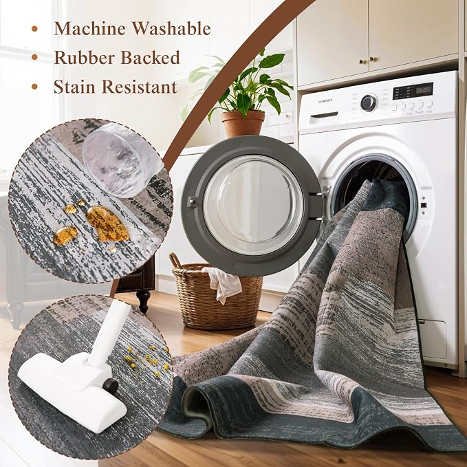 LIANLAM 3x5 Washable Area Rugs for Living Room and Bedroom(3x5,Chocolate) | Non-Slip Small Carpet,Vintage Checkered Pattern, Stain Resistant Faux Wool Low Pile Soft Rug for Dining Room,Office,Nursery