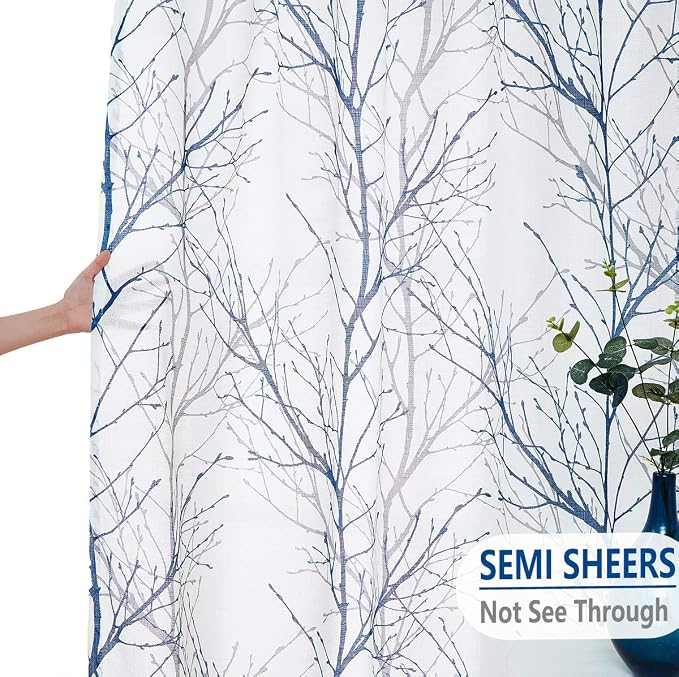 FMFUNCTEX Blue White Curtains 50" X 45" for Kitchen Living Room Tree Branch Print Wrinkle- Free Small Linen Texture Semi Sheer Window Panels for Bedroom 2 Panels, Grommet Top | Short Sheer Branch Patterned Drapes, Light Filtering Grommet Panels for Kit...