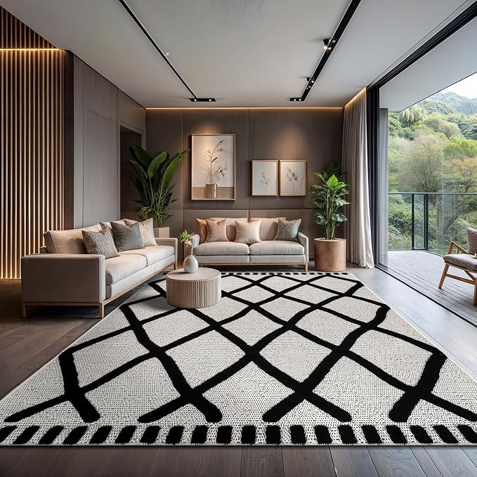 CAMILSON Modern Rug 9x12 Luxury Diamond Pattern Large Micro Loop Area Rugs Soft High-Low Pile Stain Resistant Easy to Clean Non-Shedding Durable Living Room Bedroom Indoor Carpet (Black/White)