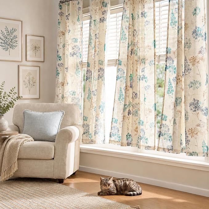 jinchan Floral Linen Curtains 63 Inch Vintage Cottagecore Back Tab 2 Panels | Light filtering drapes, semi sheer, farmhouse, botanical, watercolor, living room, bedroom, rod pocket, window treatment