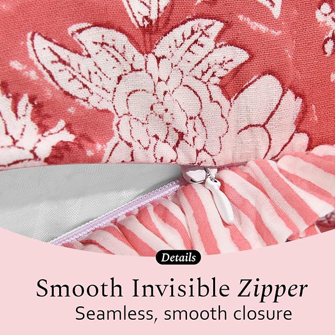 CPC Pink Coral Ruffle Throw Pillow Covers for Couch, 18x18 Inch Cotton Stripe Ruffle Couch Pillows for Living Room, Hidden 14 Inch Zipper Boho Pillow Case or Cute Outdoor Pillows