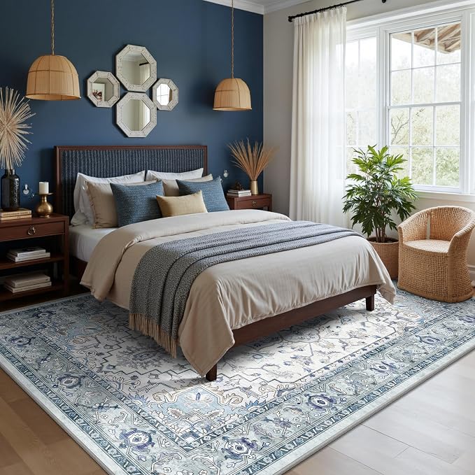 5x7 Area Rugs - Washable Rug Vintage Distress Boho Medallion Rugs for Living Room, Soft Non-Slip Backing Low Pile Carpet for Bedroom Dining Room Office Nursery Dorm Home, Blue Grey Purple