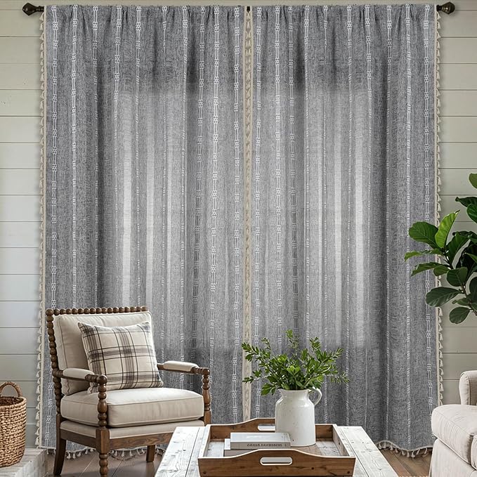 ColorBird Boho Curtains Linen-Textured for Bedroom Living Room Light Filtering 84 Inches Grey Farmhouse Curtains & Drapes Embroidered Striped for Closet Dining Dooraway Window Treatment