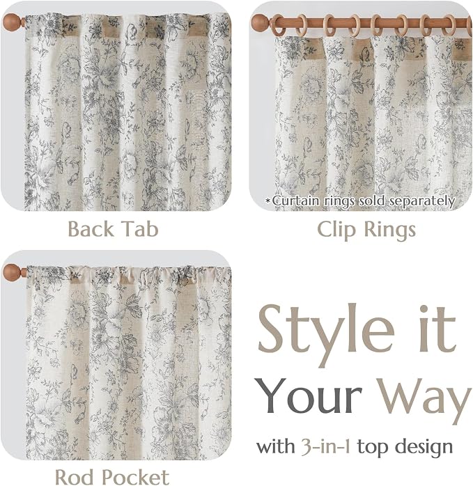 jinchan Grey Floral Linen Curtains 84 Inch Farmhouse Back Tab 2 Panels | Light filtering drapes, semi sheer, farmhouse, cottagecore, rustic, living room, bedroom, rod pocket, window treatment