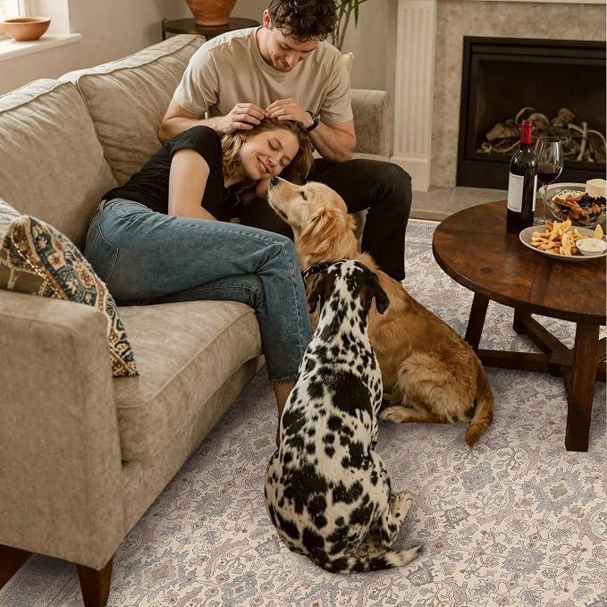 BESBLEE 6X9 Area Rugs Machine Washable Rugs for Living Room, Vintage Boho Large Rugs for Bedroom Dining Room, Non Slip Indoor Soft Distressed Lightweight Thin Low Pile Carpet, Cream