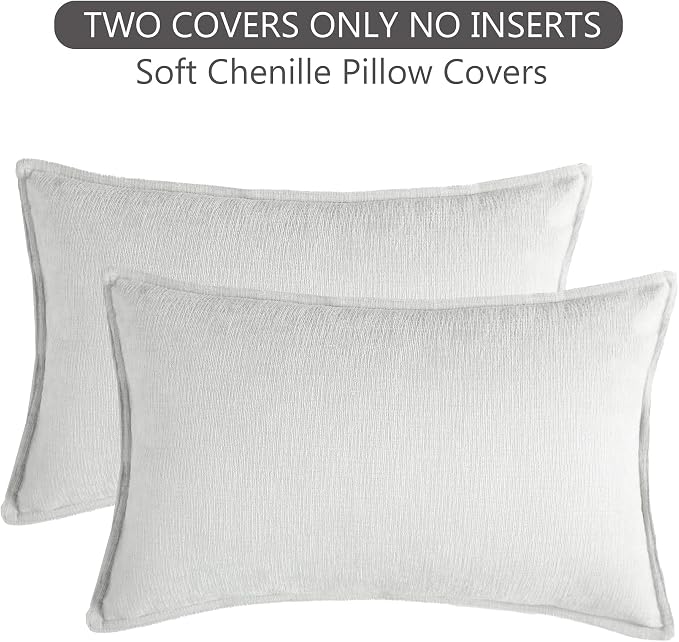 Stellhome Lumbar Chenille Throw Pillow Covers Set of 2 Super Soft Textured Decorative Pillow Covers Accent Solid Cushion Cover for Couch Sofa Bedroom Living Room 12x20 Inch, Light Grey