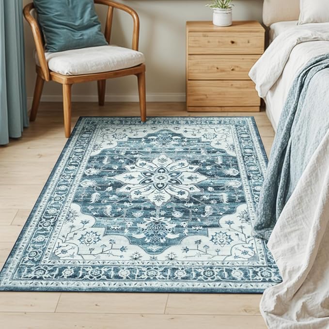 3x5 Large Entryway Rug Indoor, Coastal Blue White Non-Slip Backing Area Rugs for Kitchen - Vintage Boho Distressed Washable Rug, Soft Low Pile Carpet for Office, Lounge, Bedroom Bedside