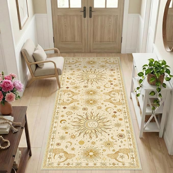 Vacuum-Friendly, 2x6 Washable Area Rug, Beige Camel Brown | Sun and Moon Boho Gothic Non-Slip Low Pile Living Roon Bedroom Dining Room Kitchen Entry Entryway Entrance Hallway Doormat