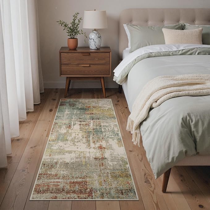 GENIMO Runner Rug Non Slip 2x6, Washable Rug Runner for Hallways Kitchen, Abstract Modern Kitchen Rugs, Low Pile Lightweight Carpet Runners for Entryway, Bedroom, Laundry, Rust Green