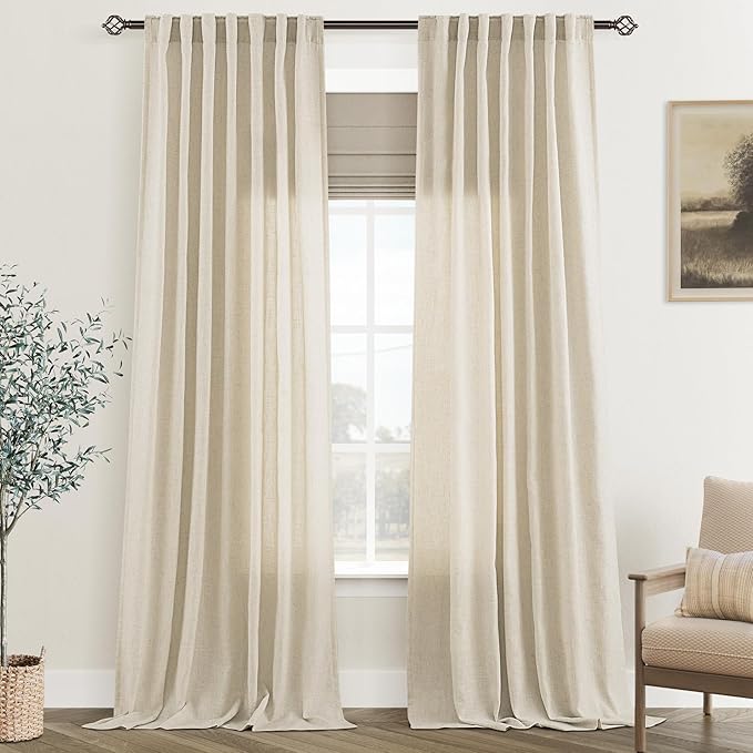 Faux Linen Beige Curtains 120 Inches Long for Living Room Rustic Farmhouse Semi Sheer Burlap Textured Canvas Cloth Curtain Panels Set of 2 Khaki Tan Colored