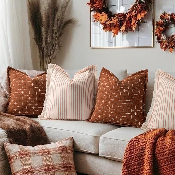 ZWJD Fall Pillow Covers 24x24 Set of 2 Soft Polyester Textured Rust Pillow Covers with Stylish Flange Edge Cozy Farmhouse Throw Pillows for Couch Bed Sofa Living Room Fall Decor