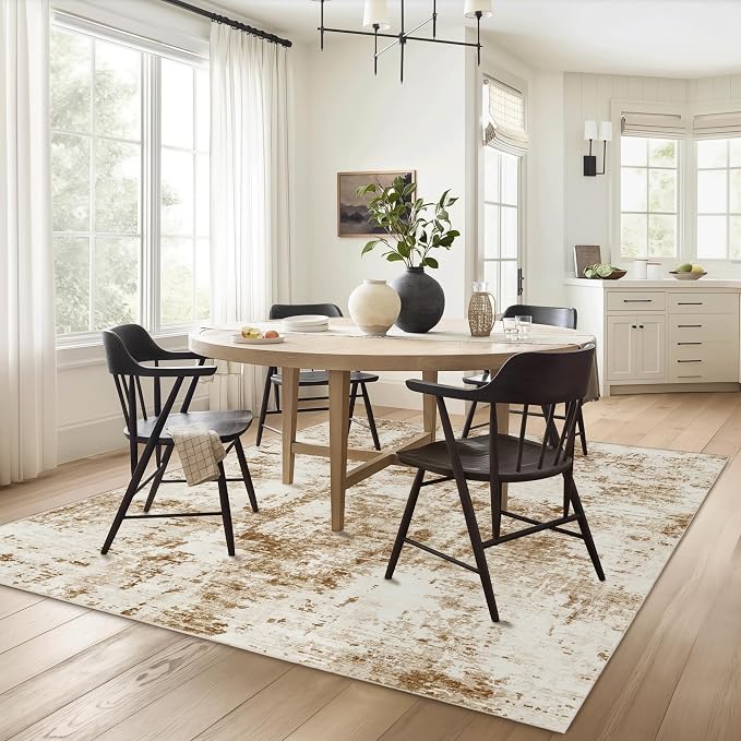 FMFUNCTEX 4x6 Washable Area Rug Brown Beige Abstract Modern Neutral Non Slip Low Pile Indoor Carpet Soft Thin Throw Rug for Entryway Entrance Living Room Bedroom Dining Office Nursery Kitchen Laundry | Washable, Non Slip, Low Pile, Soft Thin, Indoor Ca...