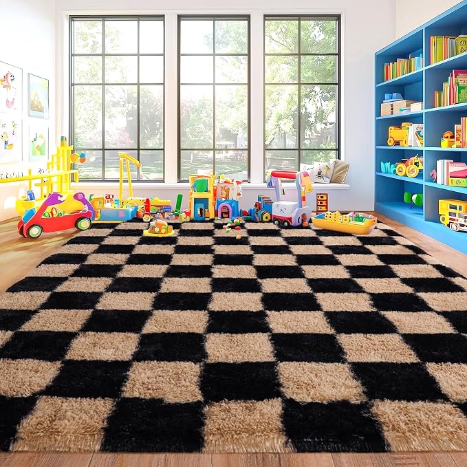 Pionblank 8x10 Area Rugs for Living Room, Fluffy Plush Checkered Rug for Bedroom, Modern Shag Non Slip Soft Furry Large Carpet for Kids Room Nursery Home Decor, Black and Beige