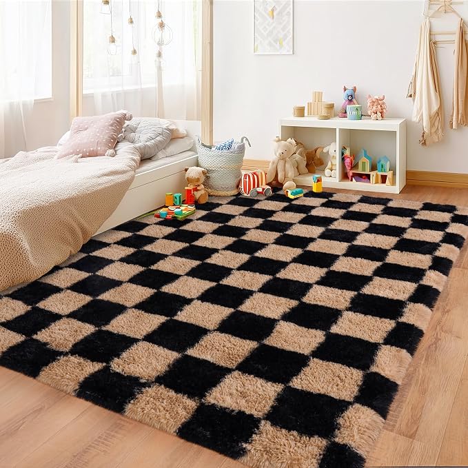 Pionblank Fluffy Area Rug for Bedroom 5x7, Modern Indoor Shag Carpet, Soft Plush Non Slip Checkered Rugs for Living Room Kids Room Home Decor, Black and Beige