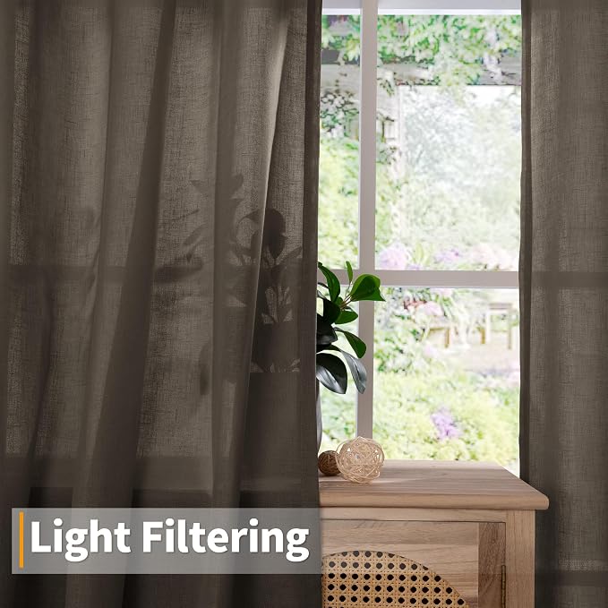 YoungsTex Brown Linen Semi Sheer Curtains 90 Inches Length for Living Room, Light Filtering Drapes Privacy with Grommet for Home Office Dining Room Bedroom, 2 Panels, 52 X 90 Inch