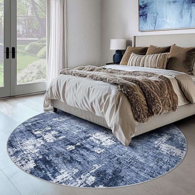 DMOYEST 6ft Round Area Rug Living Room Rugs - 6x6 Washable Large Soft Indoor Neutral Modern Abstract Low Pile Rug Carpet for Bedroom Dining Room Farmhouse Home Office - Navy Blue