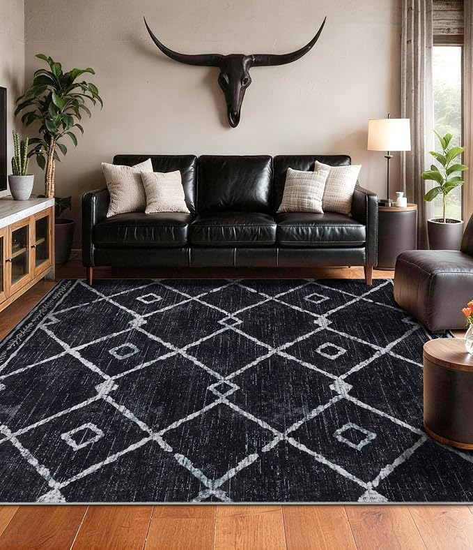 YIHOUSE Moroccan Rugs for Living Room, 8x10 Black and White Aztec Area Rug, Western Geometric Soft Low-Pile Washable Rugs for Bedroom, Dining Room