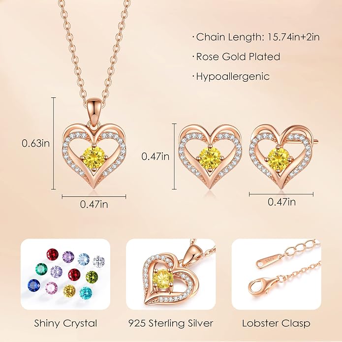 CDE Jewelry Sets for Women Love Heart Pendant Necklaces Earrings, 925 Sterling Silver with Birthstone Zirconia, Birthday Jewelry Gift for Wife Girlfriend Her