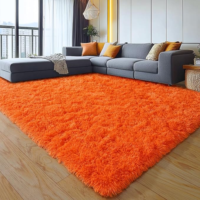 9x12 Large Area Rugs for Living Room, Orange Fluffy Shag Rug | Bedroom and Nursery, Soft and Comfy, Big Fuzzy Carpet for Kids, Girls Room Dorm Home Decor Aesthetic, Upgrade Non Slip