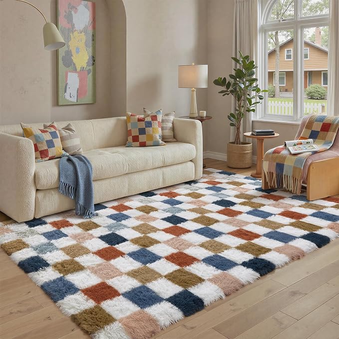 PureCozy Checkered Rug 7x10 for Living Room, Modern Rainbow Shag Rug Washable Non-Slip Large Area Rug Super Soft Indoor Fuzzy Carpet Fluffy Rugs for Bedroom Home Aesthetic Decor