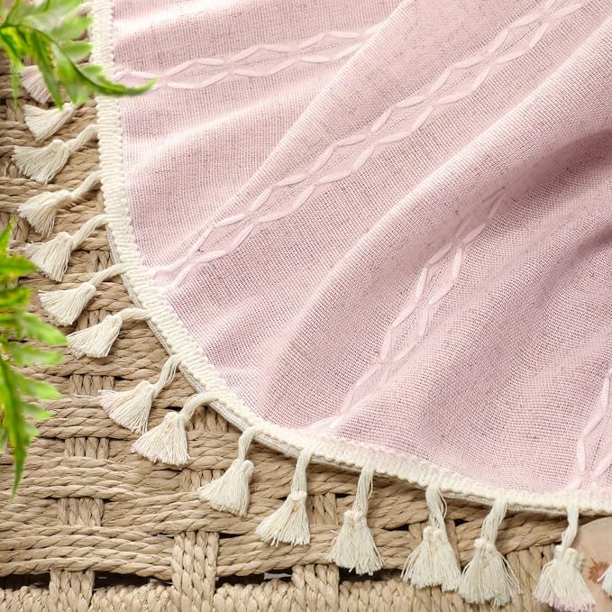 Pink Boho Blackout Curtains 2 Panels 84 Inch for Living Room Bedroom, Linen Texture Farmhouse Curtains with Tassels and White Cotton Embroidery Vintage Rustic Country Western