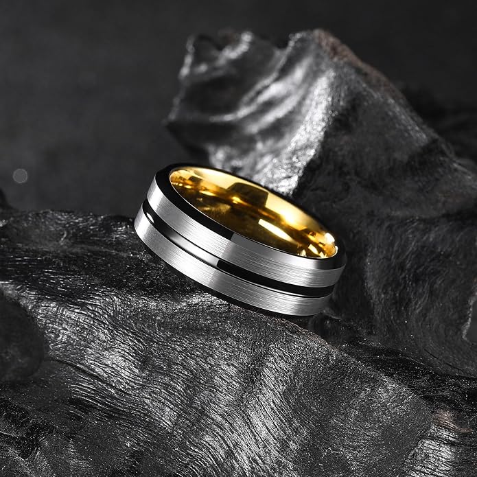 King Will Mens 8mm Rose Gold Groove/Gold Loop/Black Cross Groove Tungsten Carbide Wedding Ring Line Flat Pipe Cut Brushed Polished Comfort Fit 7-14