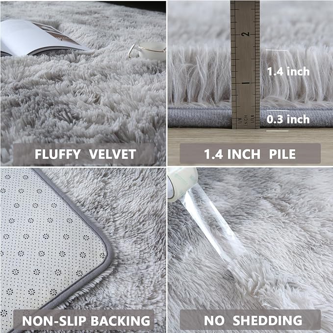 Grey Shag Area Rug for Bderoom 3x5 - Soft Fluffy Carpet Tie-Dyed Light Gray | Plush fuzzy soft carpet for college girls dorm - Non-slip bedside rug - Shag rug for living room - Memory foam comfort