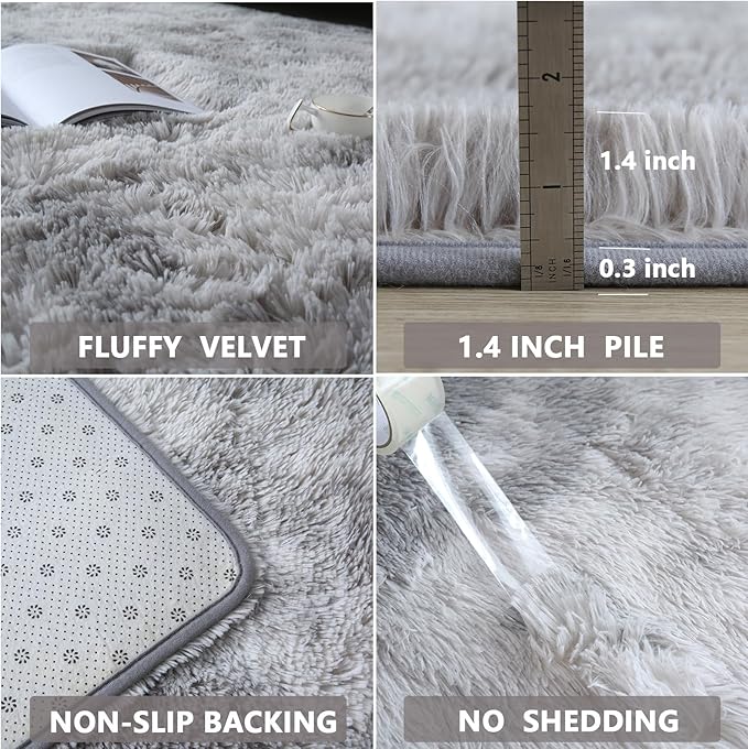 Grey Shag Area Rug 5x7 Bedroom - Soft Fluffy Carpet Tie-Dyed Light Gray | Artistic Tie-Dye Light Gray Unique Gradient Pattern Adds a Creative, Calming Touch That Blends Into Any Modern Bedroom Decor