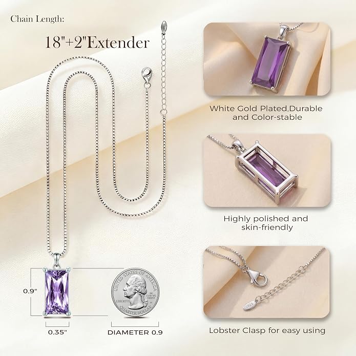 8mm x 16mm Square Birthstone Pendant Necklace – Fashion charming Sterling Silver Gift for women