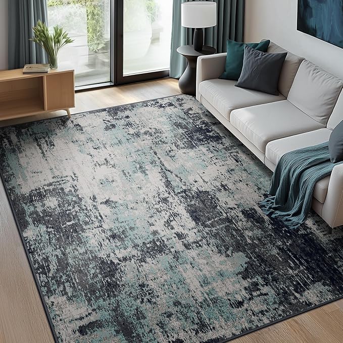 RELEANY Washable Area Rugs 5'x8' Non-Slip Modern Abstract Soft for Living Room Entryway Bedroom Kitchen, Print Pattern, Blue Black Teal