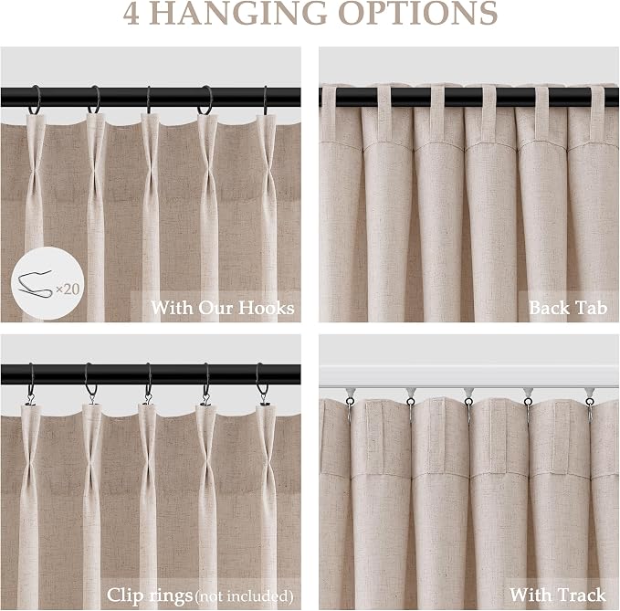 Cream Beige Extra Long Pleated Linen Curtains 108 Inches Long for Living Room 2 Panels Set Natural Pleat Drapes Back Tab Semi Sheer Neutral Boho Ceiling to Floor Window Curtain for Bedroom 9 FT