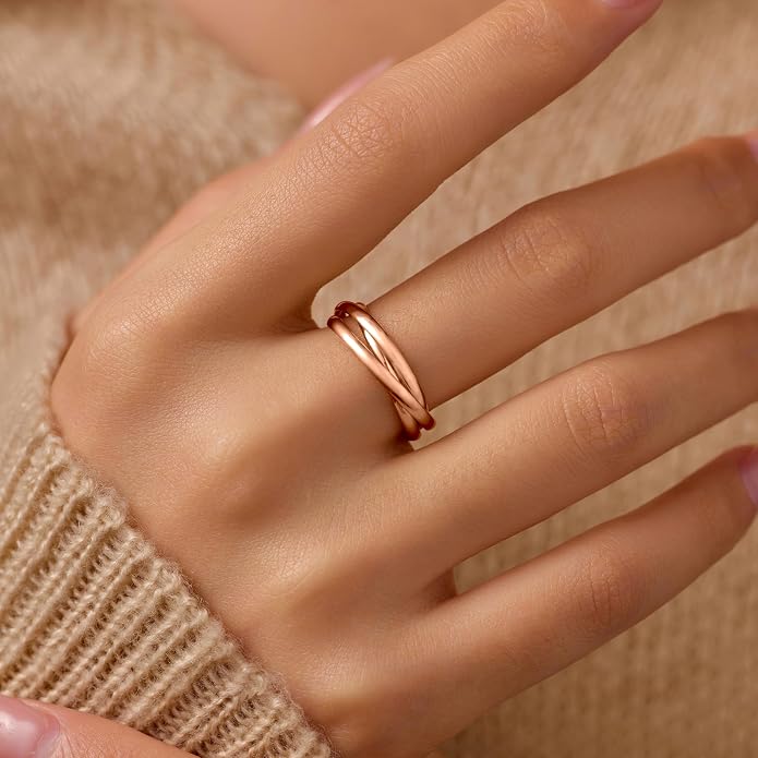 14K Gold Plated Interlocking Fidget Anxiety Ring 925 Sterling Silver Stackble Rings for Women Men Rolling Triple Spinner Ring Minimalist Trendy Knuckle Rings Jewelry Birthday Graduation Gifts