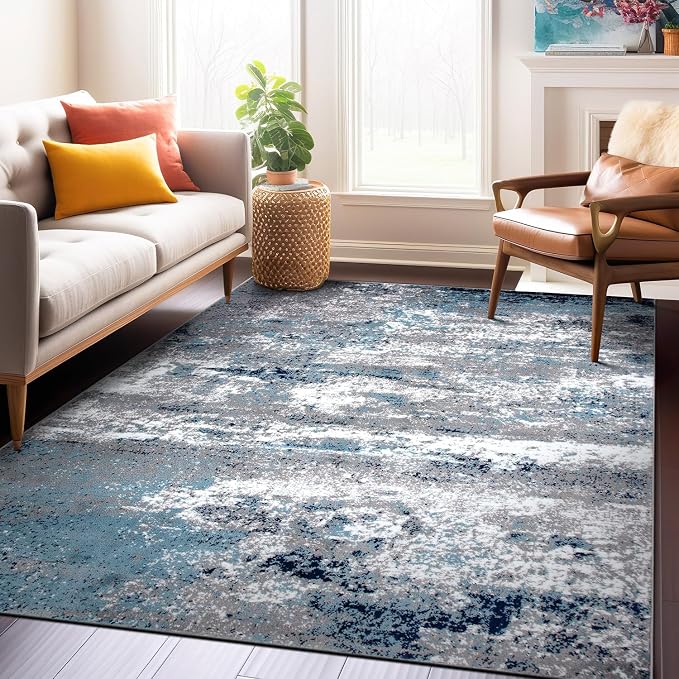 Rugshop Watercolor Distressed Modern Bohemian Area Rug Blue 6'6" x 9'