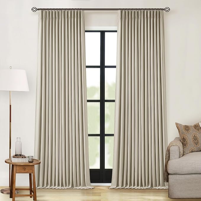 Greyish Beige Pinch Pleated Linen Blackout Curtains 96 Inch Length 2 Panels for Living Room Bedroom Light Blocking Pinch Pleat Curtains with 100% Blackout Liner Thermal Insulated Taupe Burlywood 8FT