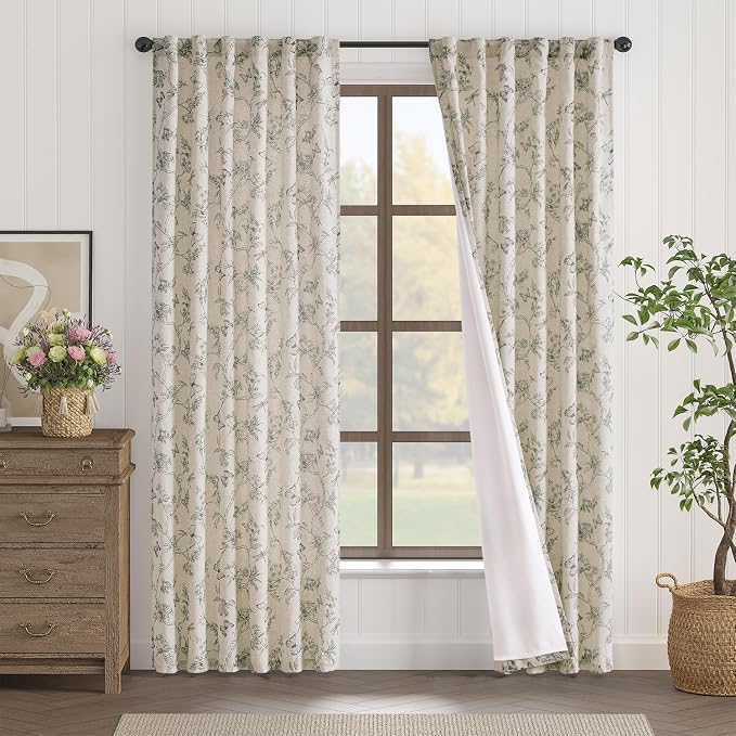 Lazzzy Charlotte Grey Floral 84 Inch Length Curtains Lined Linen Farmhouse Back Tab Drapes for Living Room Bedroom Light Filtering Vintage Rod Pocket, 2 Panels, Gray on Beige