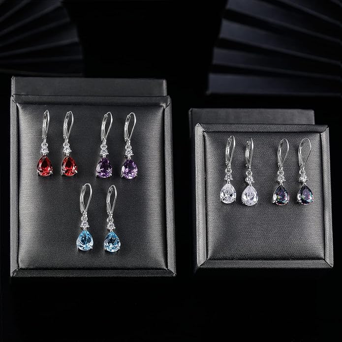 925 Sterling Silver Blue Topaz/Amethyst/Rainbow Quartz CZ Teardrop Leverback Earrings Drop Dangly Gemstone Earings Hypoallergenic Birthday Jewelry Gifts for Women