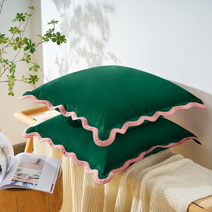 MONDAY MOOSE Decorative Throw Pillow Covers Cushion Cases, Set of 2 Soft Velvet Scalloped Wavy Edge Designs, Mix and Match for Home Decor, Pillow Inserts Not Included (20x20 inch, Pink/Green)