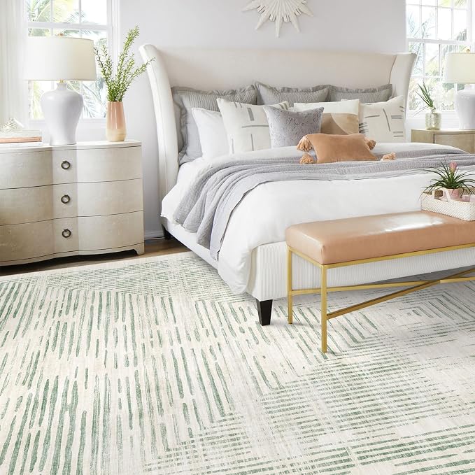 BLISSA Large Washable Area Rugs 9x12 - Soft Sage Green Lines Borderd Modern Abstract Rug for Living Room Ultra-Thin Geometric Striped Carpet for Bedroom Nursery Dining Room Office Home Decor