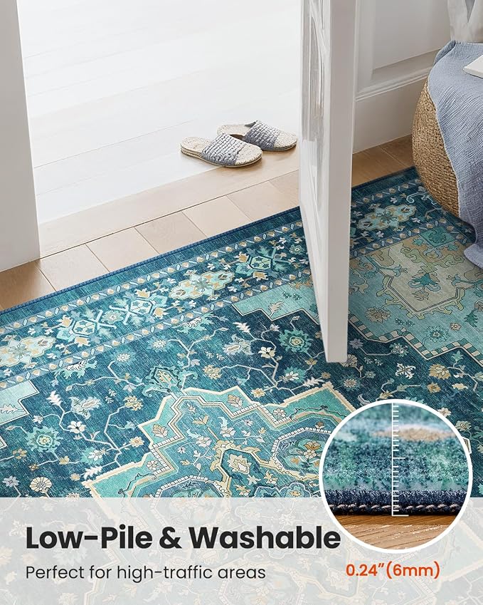 AMADA HOMEFURNISHING 9x12 Area Rug for Living Room, Vintage Washable Area Rug Low-Pile & Non-Slip Carpet for Bedroom Dining Room Nursery Home Office, Teal Blue